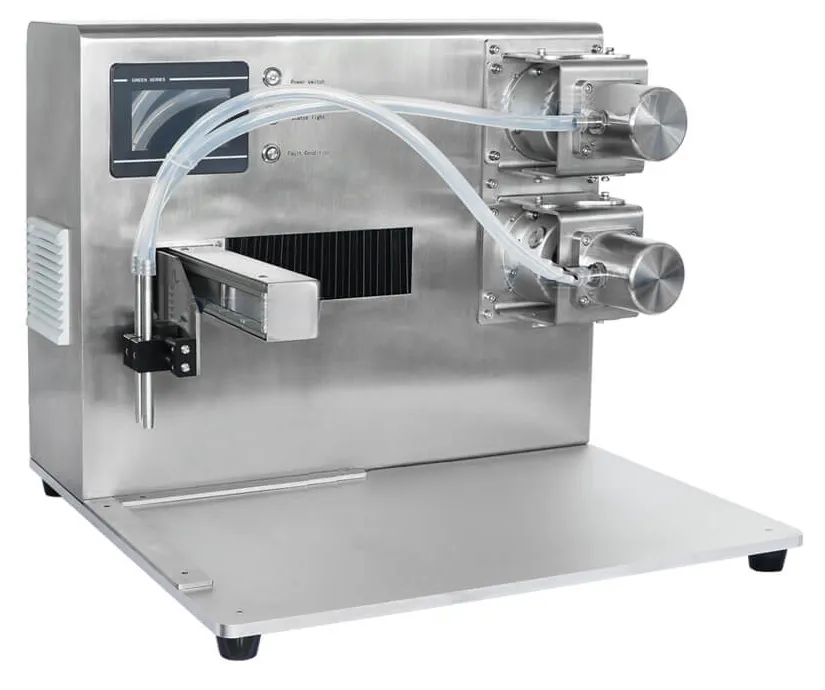 Liquid filling machine with dosing heads, controls and product feed components for troubleshooting